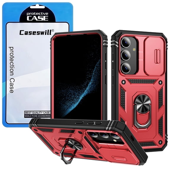 Caseswill for Samsung Galaxy S25 Case with 2X Screen Protector, 3in1 Rugged Heavy Duty Shockproof Phone Case with Slide Camera Cover & 360° Rotatable Ring Kickstand