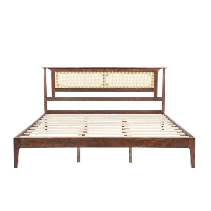 King Size Wooden Platform Bed with Rattan Headboard, Low-Profile Bed Frame with 8.6'' Under-Bed Storage