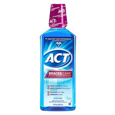 Act Braces Care Anticavity Fluoride With Xylitol, Clean Mint Mouthwash - 18 Oz, 2