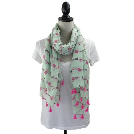 Womens Flamingo Print Tassels Oblong Cotton Scarf Lightweight Shawls (Green)