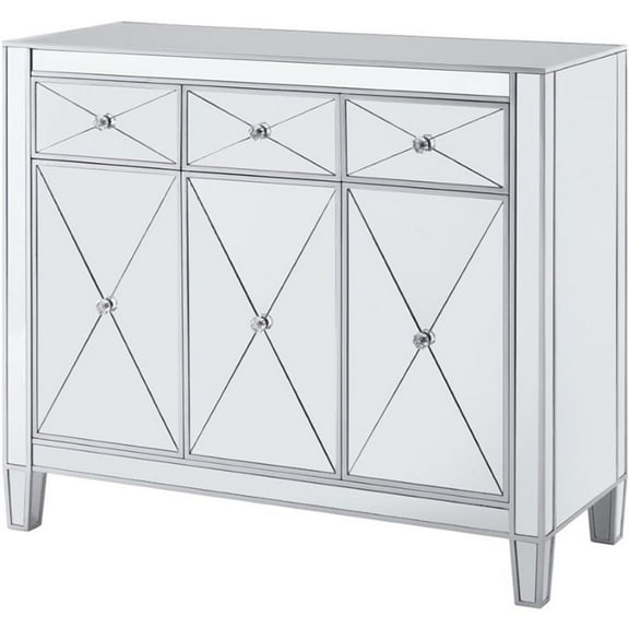 Maklaine Transitional 3 Door Mirrored Glass Sideboard in Matte Silver