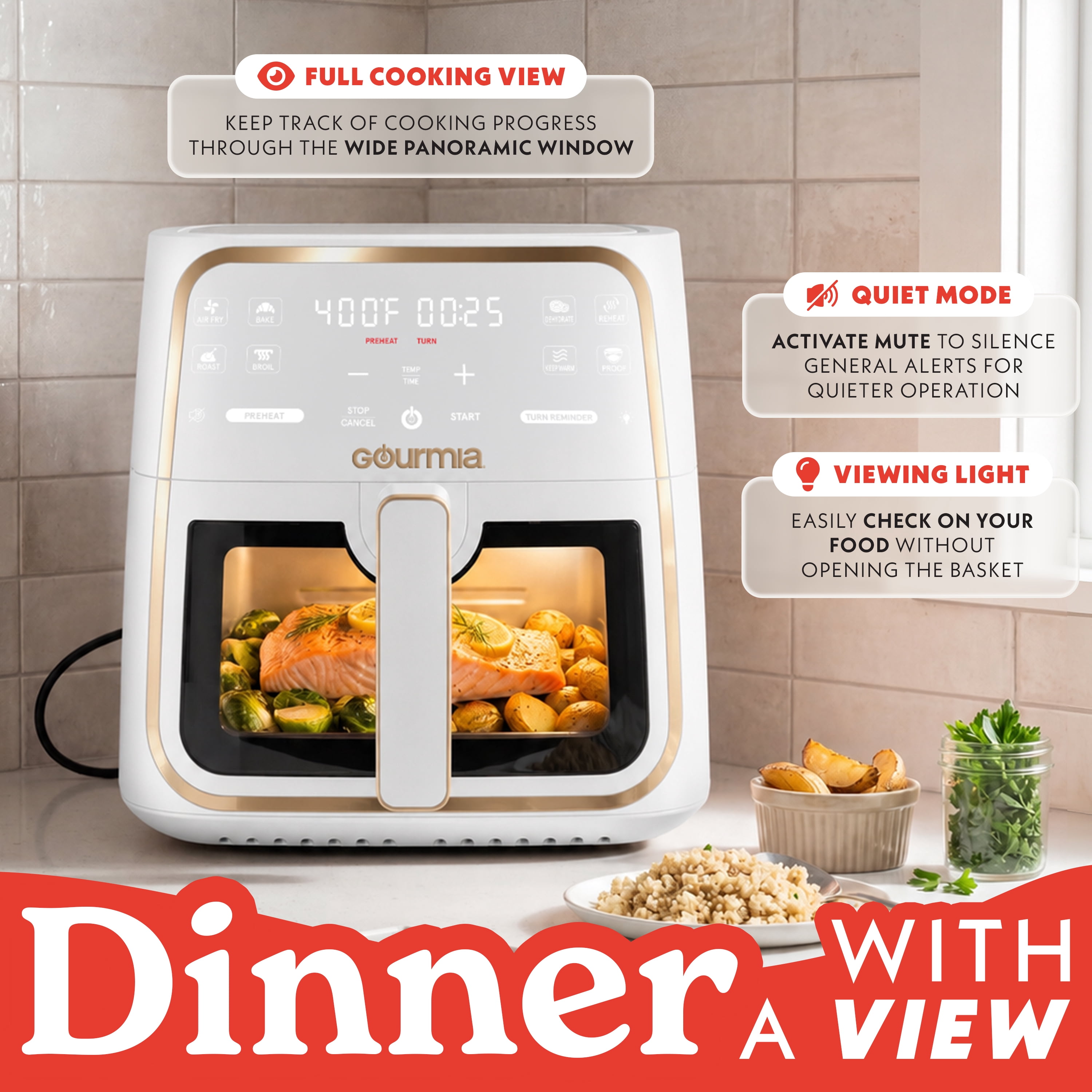 Gourmia 8 Qt Air Fryer, 8 Presets with Digital Display, FryForce 360° Technology, Easy View Window & Interior Light, Dishwasher Safe Basket, White