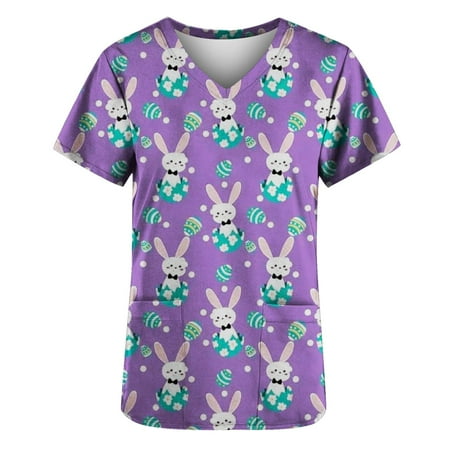 

Easter Scrub Tops for Women Rabbit Print Easter Eggs Pattern V Neck Working Uniform Workwear Tops with Pockets