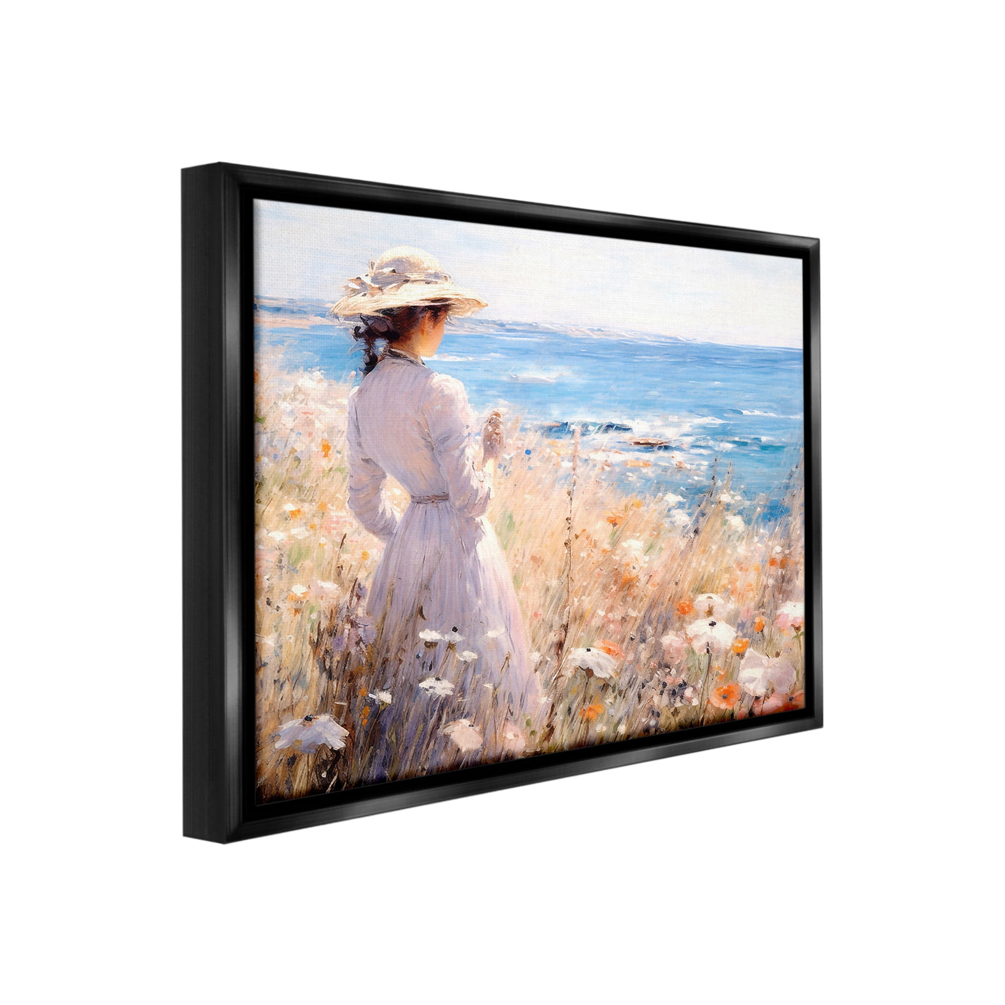 Stupell Industries Classic Woman by Shore Landscape Painting Black Floater Framed Canvas Art Print Wall Art, 31 x 25