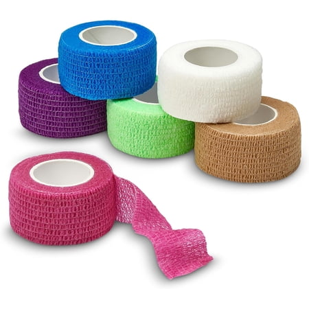 Self Adherent Cohesive Wrap Bandages - (Pack of 6 Rolls) 1 Inch X 5 Yards with Strong Elastic and Colorful First Aid Tape for Sprain Swelling and Soreness on Wrist and Ankle (Rainbow Color)