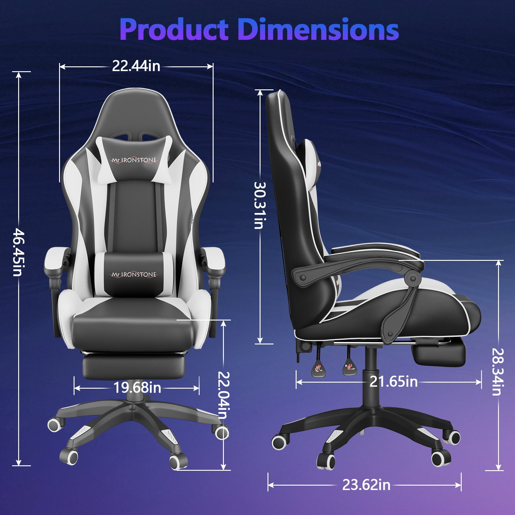 Mr IRONSTONE Ergonomic Gaming Chair with Massage Lumbar Support and Footrest, Heavy Duty 400lbs Computer Chair for Adults, Black/White