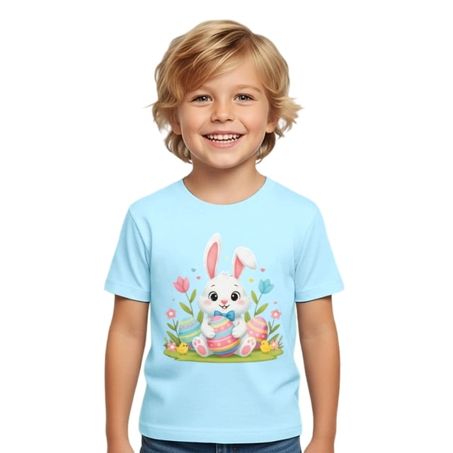 MIASHUI T-Shirts Graphiques de Pâques pour Garçons Doux Décontractés à Manches Courtes Hauts Colorés pour Enfants Bleu Clair, 8-9 Ans