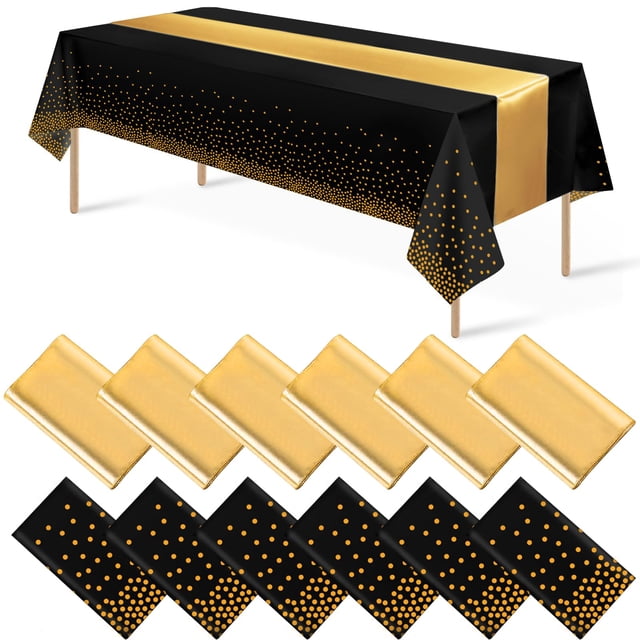 Juego de mantel y camino de mesa, paquete de 12 unidades, negro y dorado, para fiestas