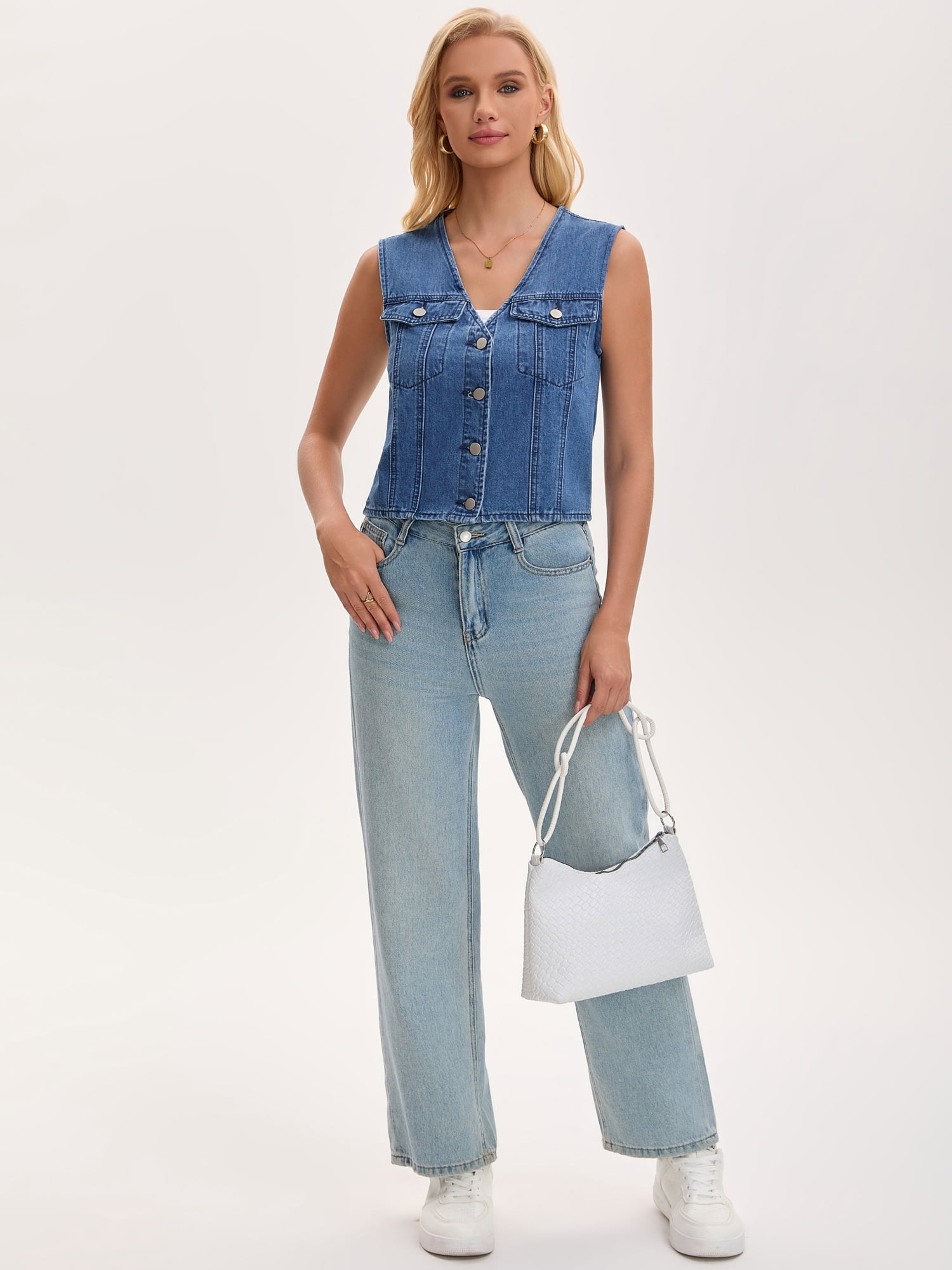 DARING DIVA Women's V Neck Button Up Sleeveless Cropped Denim Vest M Blue