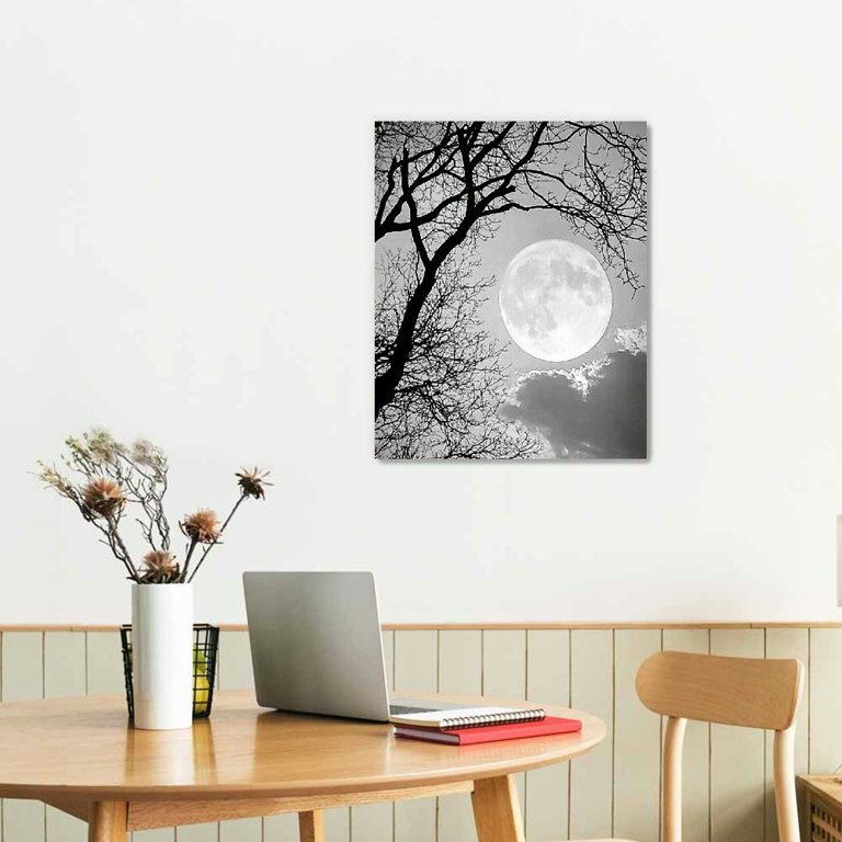 芸術写真 Nature Photograph Full Moon Art Print LHONGY Black and White Full Moon Picture Wall Decor Nature Forest
