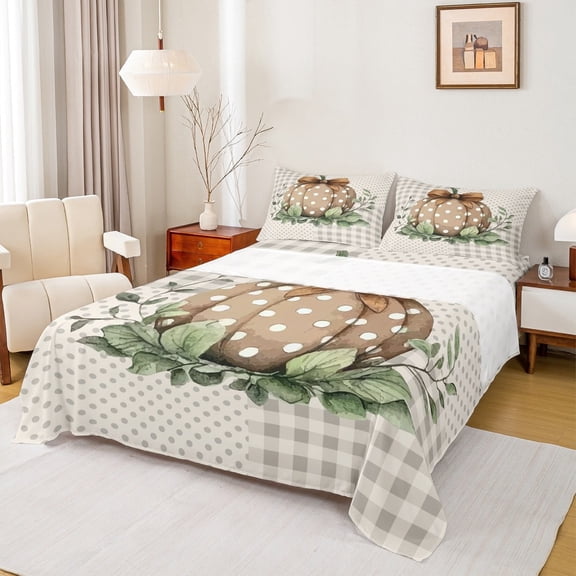 jejeloiu Autumn Harvest Pumpkin Twin Sheet Sets,Brown Bowtie Bowknot Twin Fitted Sheet,Geometruc Dot Plaid Flat Sheet,Super Cozy Room Decor,3-Piece