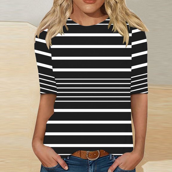 Neewe Womens Oversized Striped Tee Shirt Summer Casual Color Block Half Sleeve Crew Neck Tunic Tops