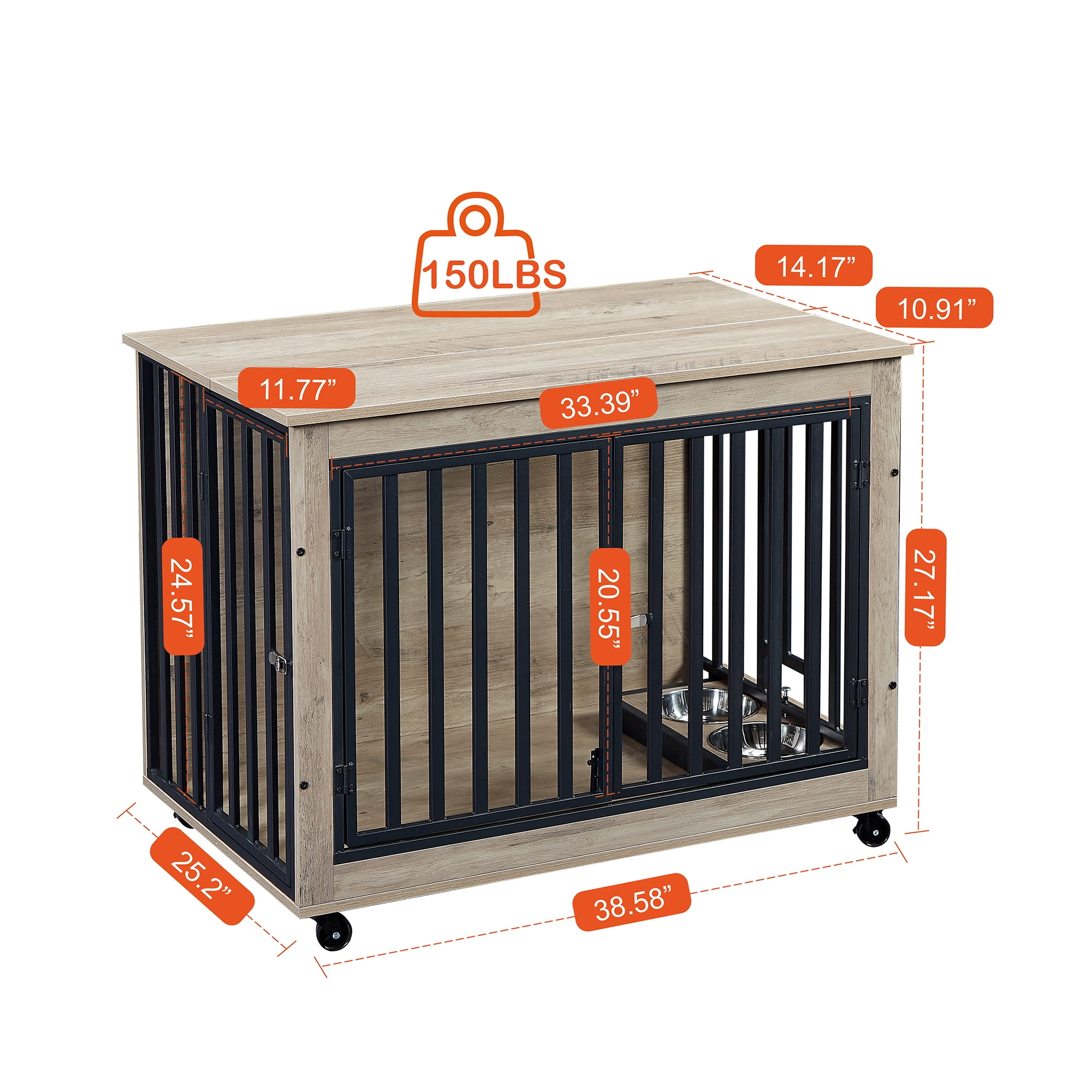 Pefilos 38" Dog Crate with Feeding Bowl, Wheels, Three Doors Kennel Flip-Up Top Opening, Furniture Style Dog Cage for Indoor Dogs, Gray Pefilos 38" Dog Crate with Feeding Bowl, Wheels, Three Doors Kennel Flip-Up Top Opening, Furniture Style Dog Cage for Indoor Dogs, Gray