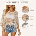 thumbnail image 5 of Women's Plain Fringe Trim Cut Out Sheer Cover Up, Boho Scallop Trim Sarong 3/4 Sleeve One Size for Vacation Poolside, 5 of 5