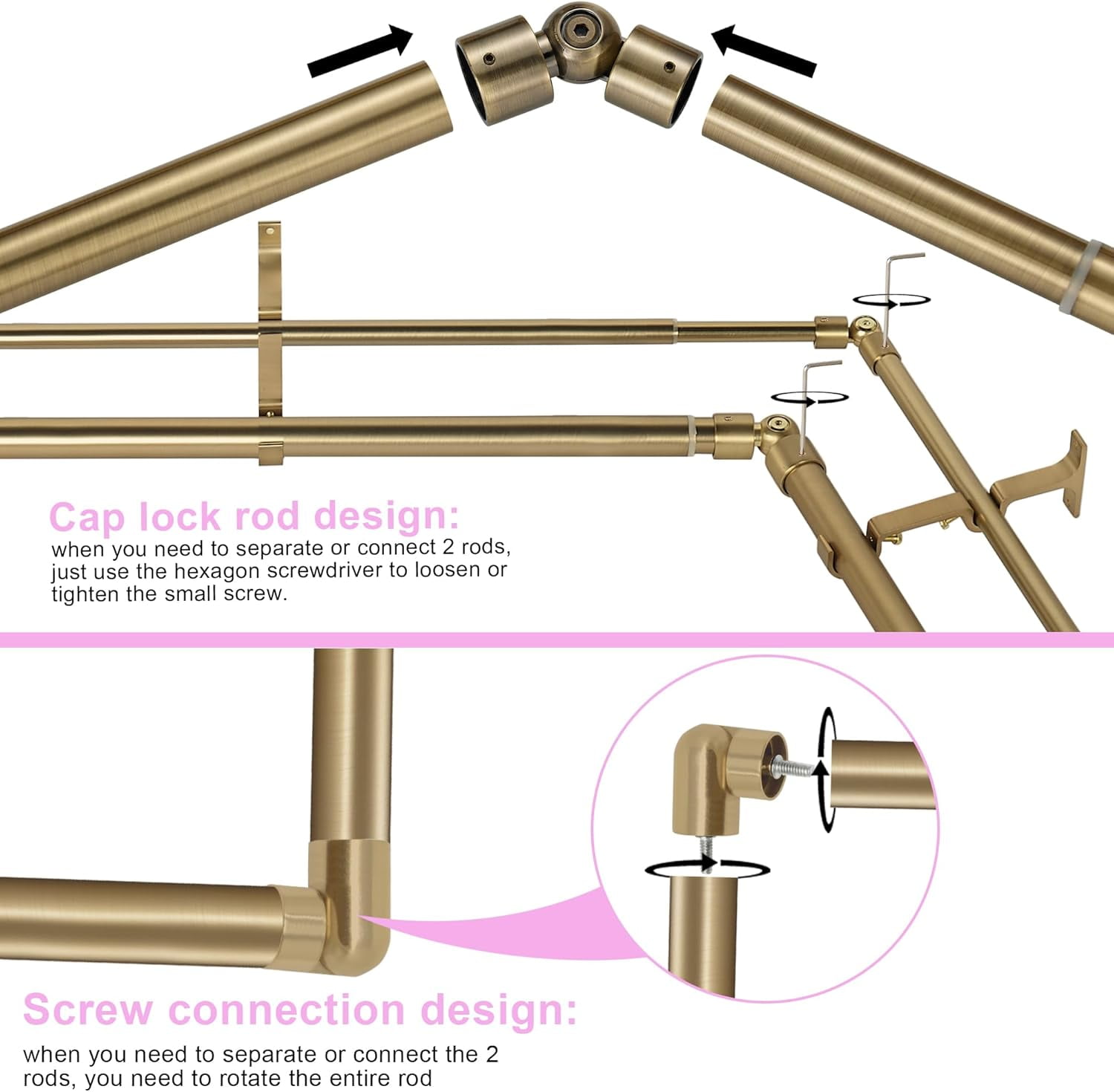 Antique Bronze Double Corner Window Curtain Rods with Aluminum End Cap Finials and Brackets,1 Inch Diameter Dual Bay Window Curtain Rods, Adjustable 2 Sided 32-86 Inch Double Drapery Rod