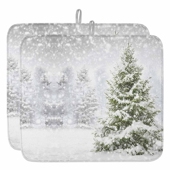Winter Snowy Forest Dish Drying Mat, Christmas Tree Themed Absorbent Dish Drying Matt Pad for Kitchen Countertops,Sinks,Dish Drainer Racks, Large 18x24inx2 Pcs,