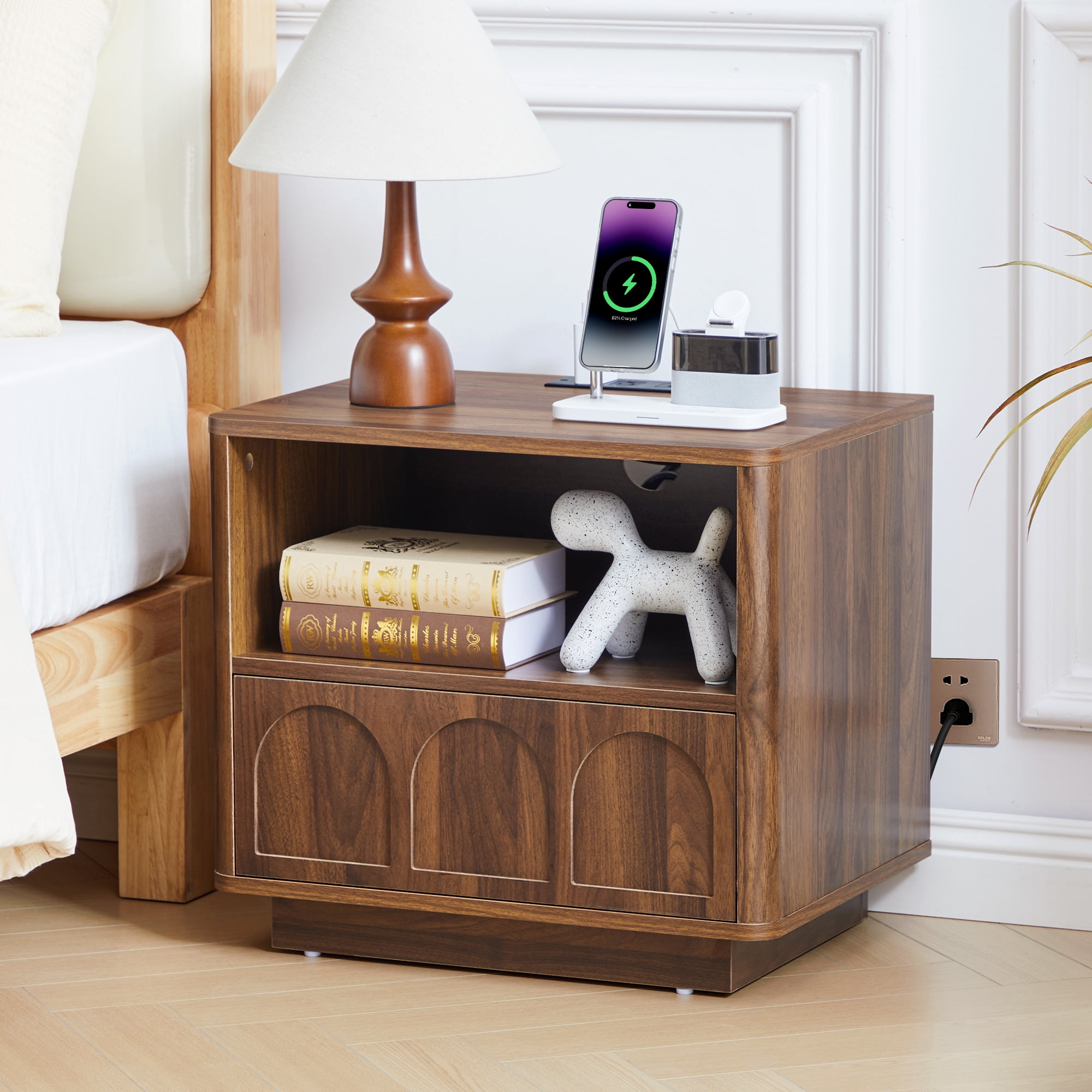 Wirrytor Set of 2 Modern Nightstands with Charging Station, Fluted Bedside Tables with Storage Drawers and Open Shelf for Bedroom and Living Room, Brown
