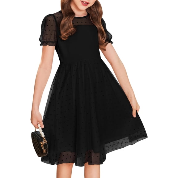 Arshiner Girls Dress Contrast Mesh Fluffy Ruffle Sleeve Crew Neck Special Summer Church Classic Dress
