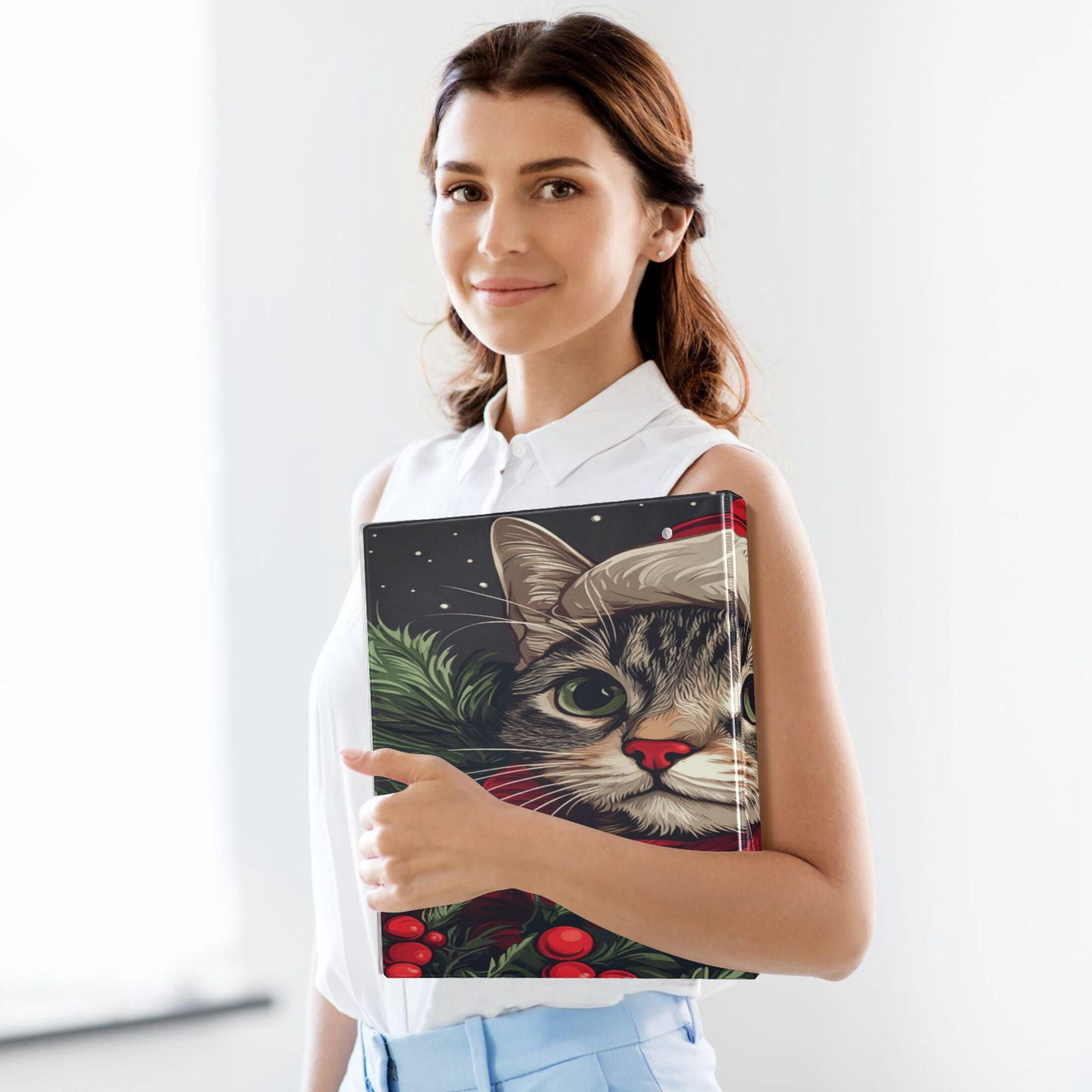 WOBOGO Red Hat Christmas Cat File Folders Extra Large Capacity to Hold 200 Sheets of Documents Hard Shell Ring Binder for School Home Office