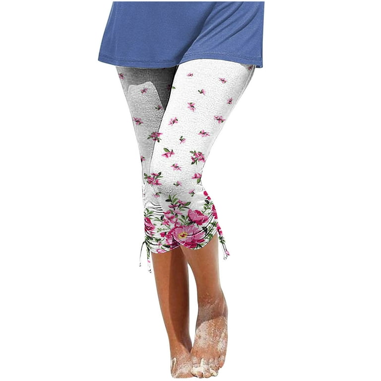 Women Cropped Leggings Drawcord Bottom Cute Floral Print Stretch