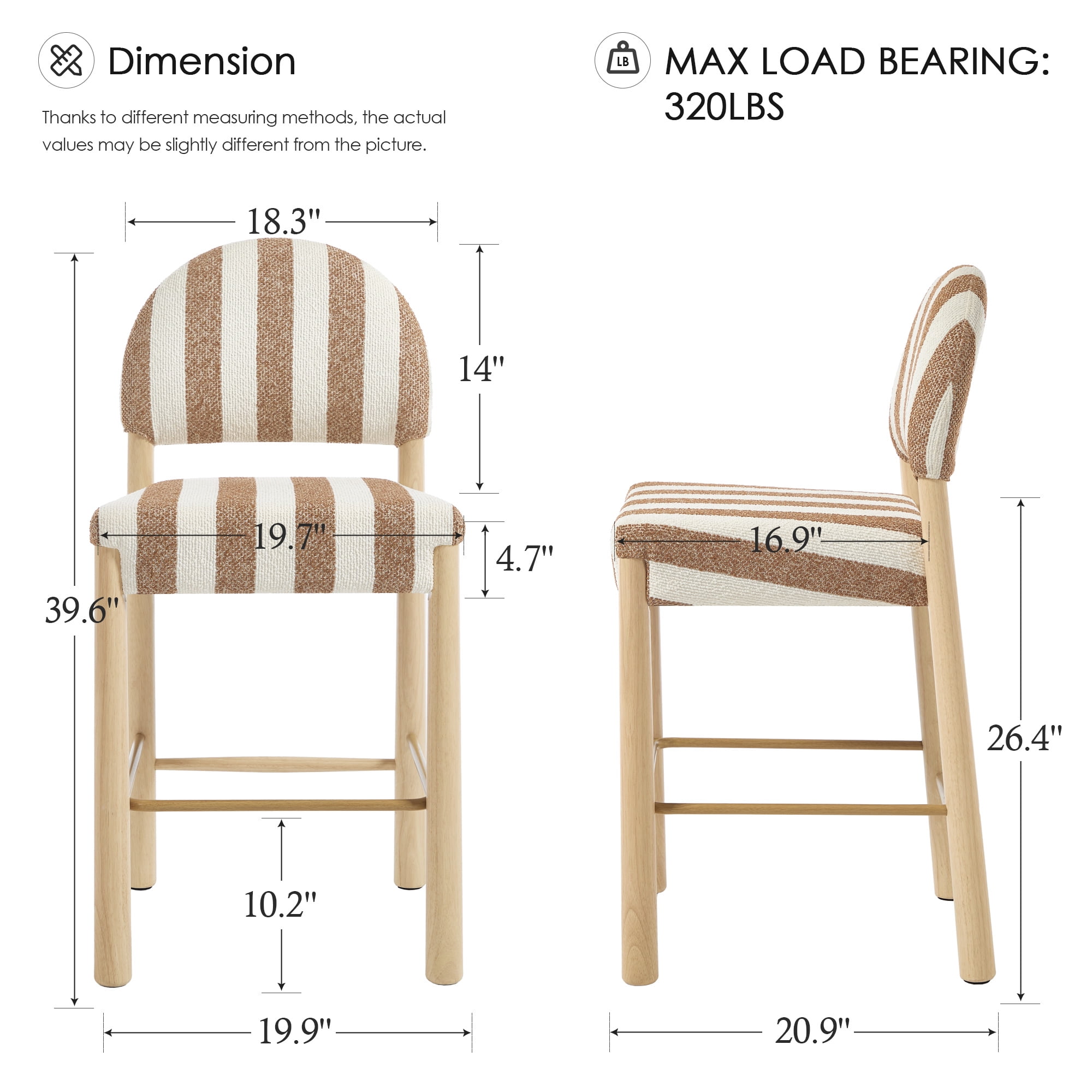 ONEVOG 26.4'' Counter Height Wooden Bar Stools Set of 2, Upholstered Linen Fabric Bar Stools with Arched Back & Solid Wood Legs, BOHO Linen Counter Chairs for Kitchen Island, White & Brown Stripes