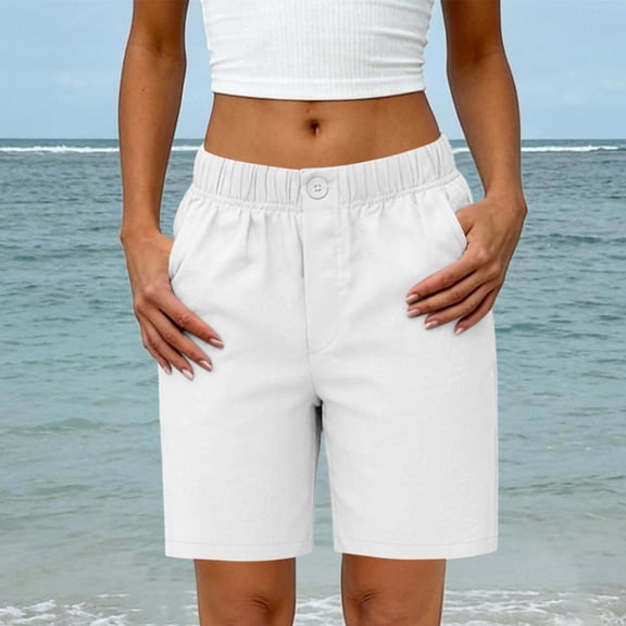 Women's Casual Elastic Waist Shorts, Button Detail Summer Shorts with Pockets White XXL
