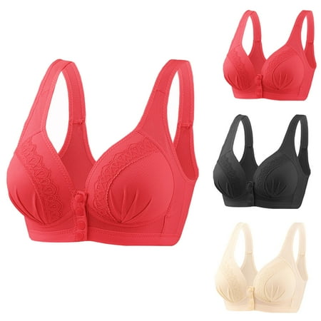 GERsome Front Button Bra Front Closure Everyday Sports Bras Comfort Wireless Bras Full Coverage Bras for Women & Girls Pack of 3 Assorted Color Black/Red/Beige XXL