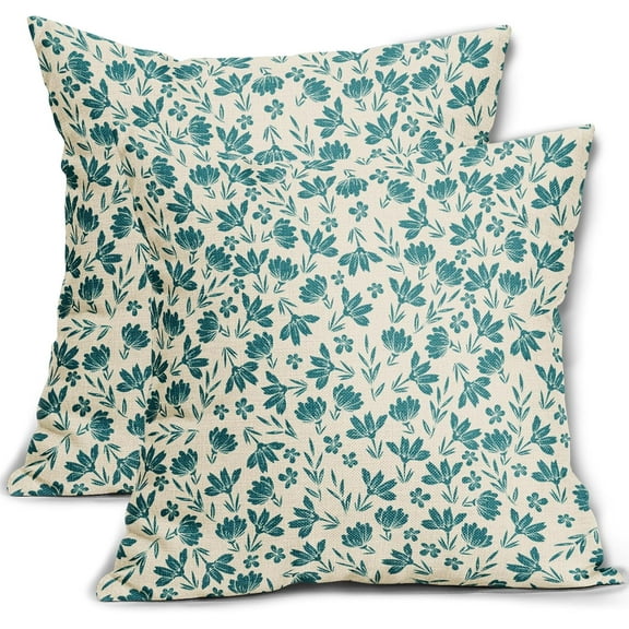 Teal Floral Pillow Covers 18x18 Set of 2 Vintage Rustic Old Style Cute Small Flower Blue Green Cream Print Decorative Outdoor Pillowcases Farmhouse Throw Cushion Case Decor for Couch Sofa Bed