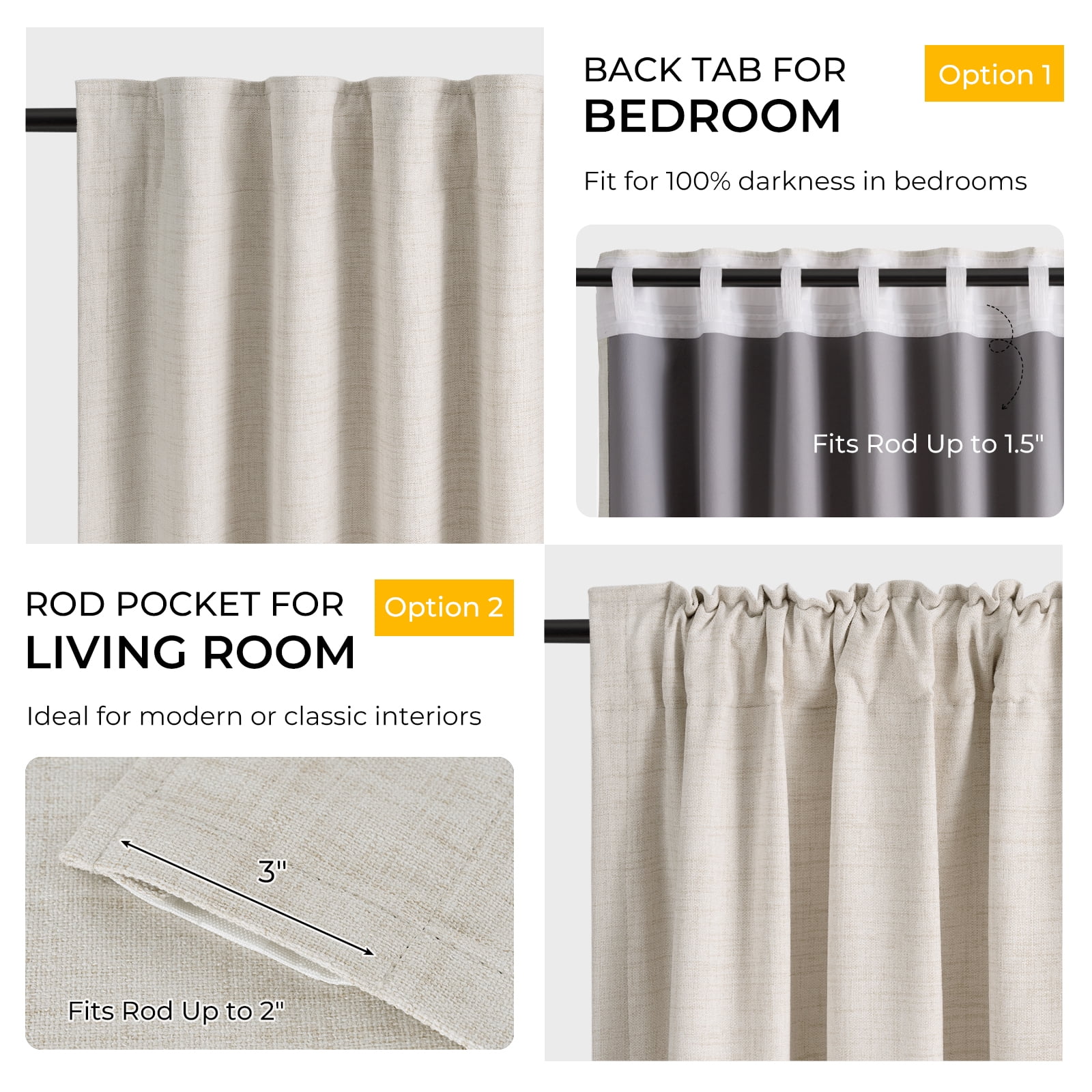 100% Blackout Faux Linen Curtains for Livingroom Bedroom,2 Panels Set,Thermal Insulated,With Free 20 Ring Clips - Beige, W50 X L84