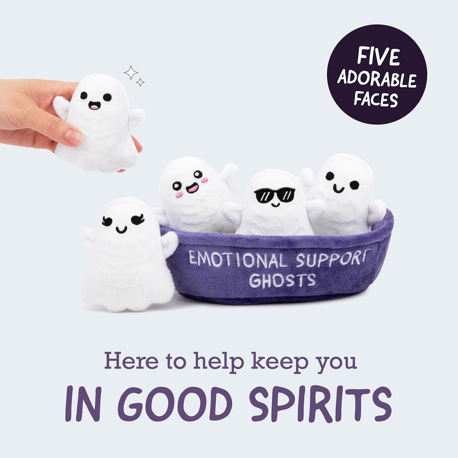 Emotional Support Ghosts by , Cuddly Plush Collectibles and Cute Stuffed Animals, Spooky Halloween Ghost Plushies and Fun Trick or Treat Toys, Includes 5 Plushies with Carrying Basket