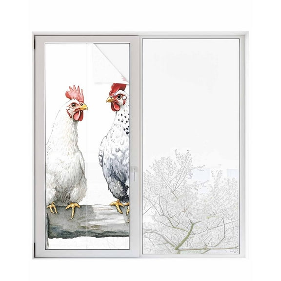 Window Privacy Film Rustic Rooster Stained Glass Window Film Decorative Sun Block Window Cover White Chicken Country Window Clings Static Adhesive Sticker for Bathroom 29.5"x78.7"