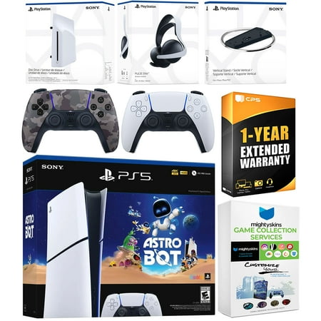 Sony PlayStation 5 Astro Bot Slim Digital Bundle with Disc Drive, Pulse Elite Headset, Extra Controller, Vertical Stand, MightySkins Game Collection Services and 1 Year Extended Warranty - Gray Camo