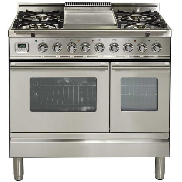 Ilve UPDW90FDMPI Pro Series 36 Inch Dual Fuel Convection Freestanding Range, Double Ovens, 3.55