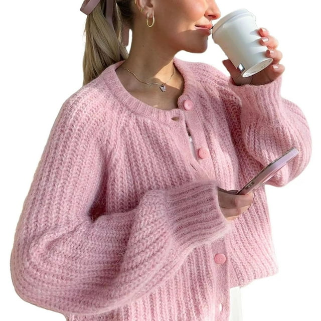Jersey tipo cárdigan Acmplla de punto grueso con botones rosa para mujer