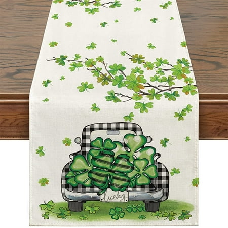 

Patricks Day Table Runner Buffalo Plaid Truck St. Patrick s Day Decoraions Green Shamrock Seasonal Spring Holiday Table Decorations for Indoor Outdoor Dining Table Decor (13