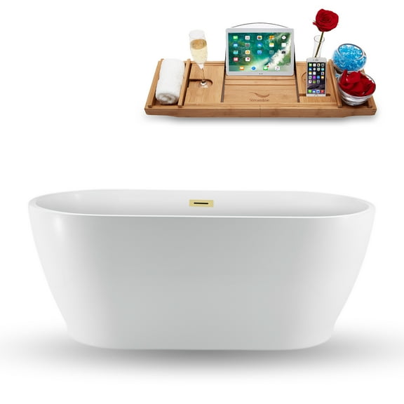 59" Streamline N880PBR Soaking Freestanding Tub and Tray With Internal Drain in Polished Brass