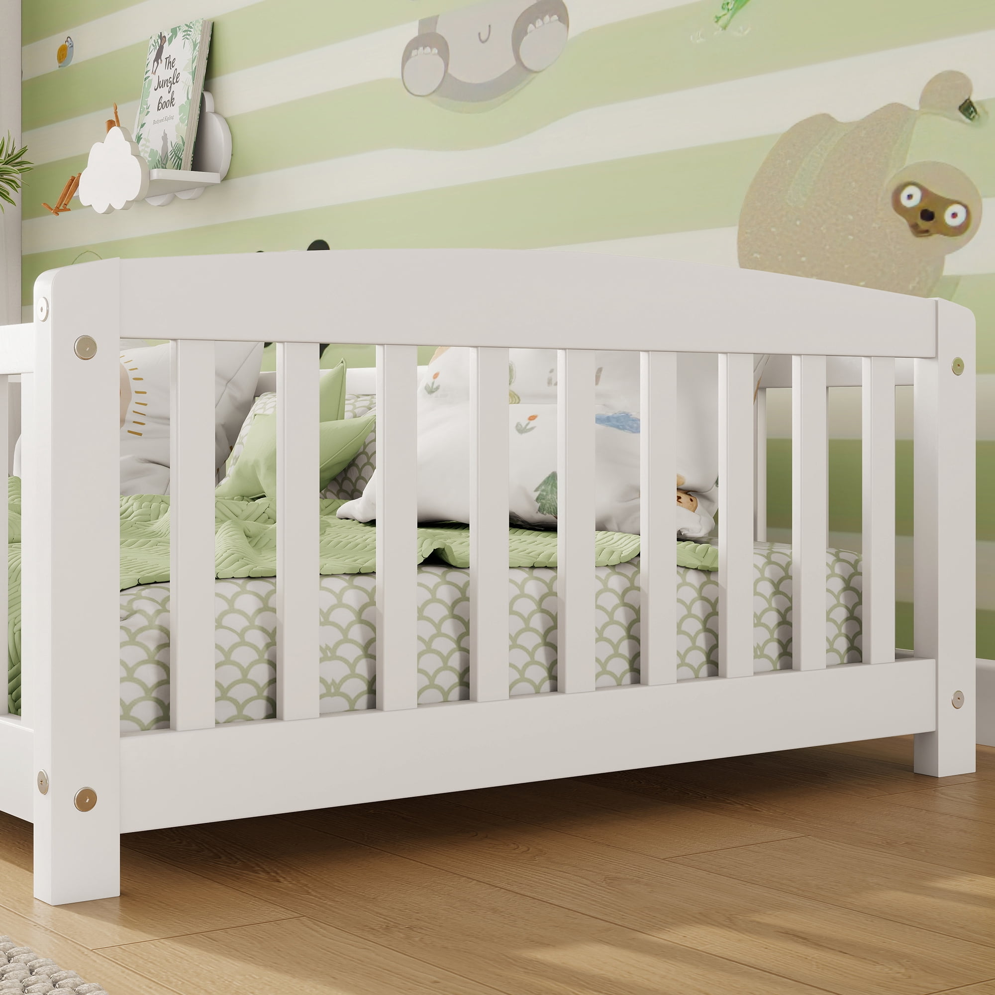 Alvantor Twin Size Floor Bed with Entrance and Guardrails – Low Montessori Wood Bed Frame for Toddlers, White