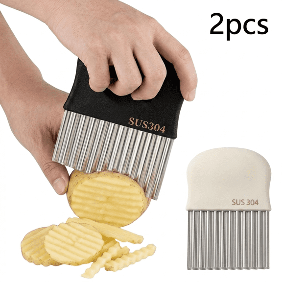 MoHern Potato Cutter 2Pcs 304 Stainless Steel French Fry Cutter Wavy Blade Veggie Slicer Crinkle Cut Fries Knife For Potatoes Carrots Fruit Vegetable Salad Garnish
