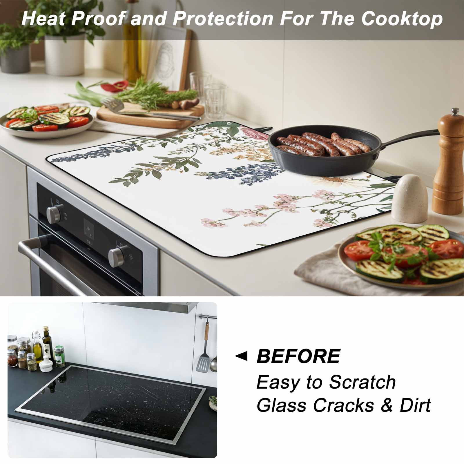 Vintage Eucalyptus Stove Top Cover for Electric Stove, Heat-proof & Non Slip Glass Top Stove Cover Protector, Watercolor Floral Leaves Kitchen Flat Cooktop Rubber Mat 24x21 Inches