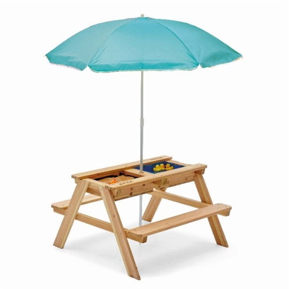 Plum® Surfside Wooden Sand & Water Picnic Table with Blue Parasol