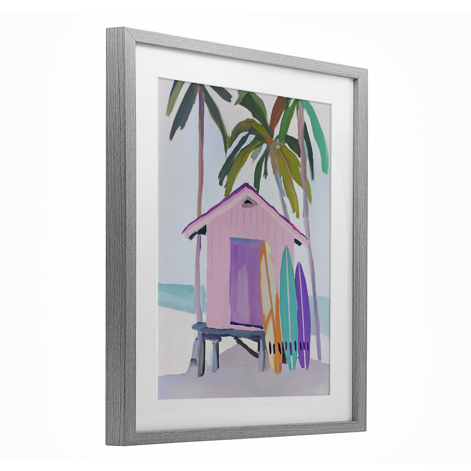 Stupell Industries Pink Beach Hut with Surfboards Gray Framed Print Under Glass, design by Sisi and Seb