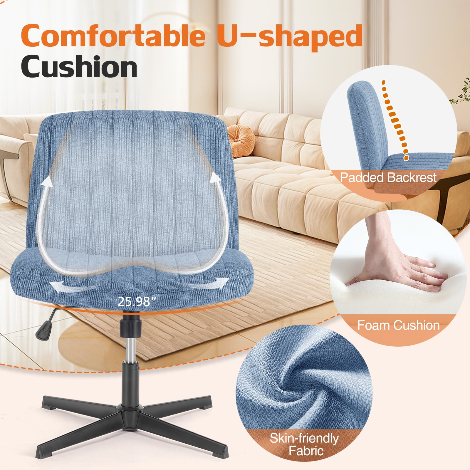 MAYEERTY Wide Desk Chair ，No Wheels Cross Legged Office Chair Armless Office Chair，Blue