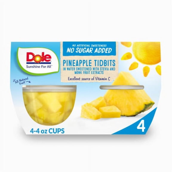 Dole Fruit Bowls Pineapple Tidbits With No Sugar Added Cups 4 ct / 4 oz.