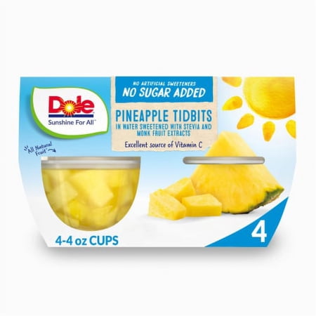 Dole Fruit Bowls Pineapple Tidbits With No Sugar Added Cups 4 ct / 4 oz.