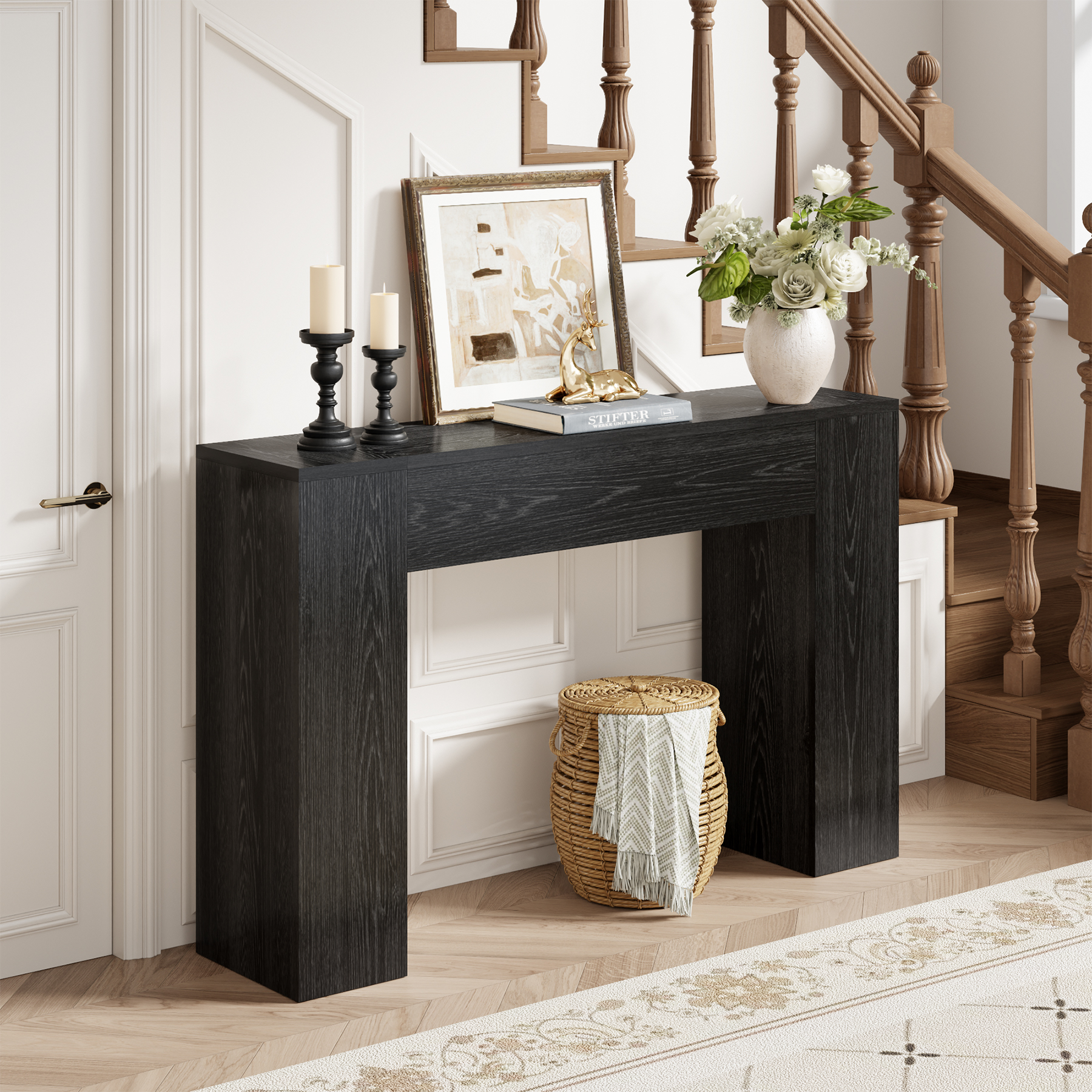 Wood Console Table for Entryway Living Room, 43-Inch Small Sofa Table, Farmhouse Rectangular Accent Console with Wooden Double Base for Behind Couch Hallway Foyer Entrance, Black
