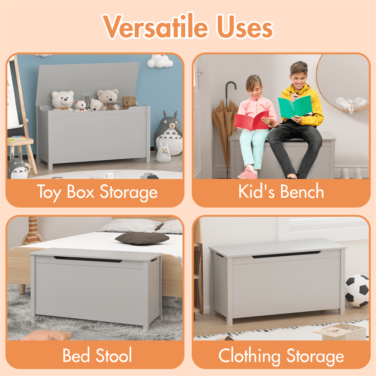 Kids Toy Storage Organizer with Safety Lid, Gray Wooden Toy Box Bench, 2.7 Cu Ft Capacity, Holds 160 Lbs, Easy 15 Min Assembly for Bedroom, Playroom