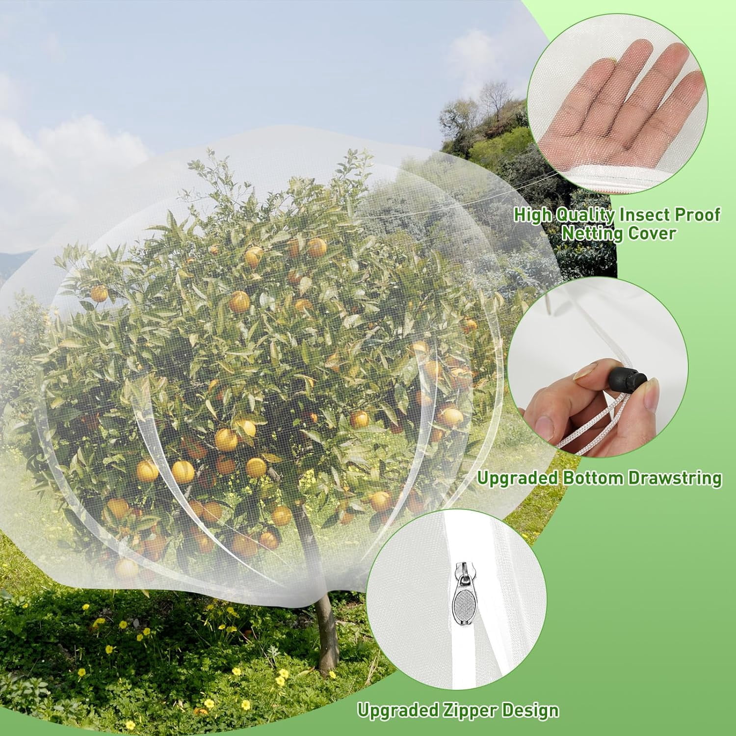 2PCS Large Fruit Tree Netting with Drawstring and Zipper, 10 x 10FT Blueberry Bush Netting Cover, Garden Bird Netting Plant Cover for Protect Plant Fruit Flower from Birds, Bugs, Cicadas, Insects
