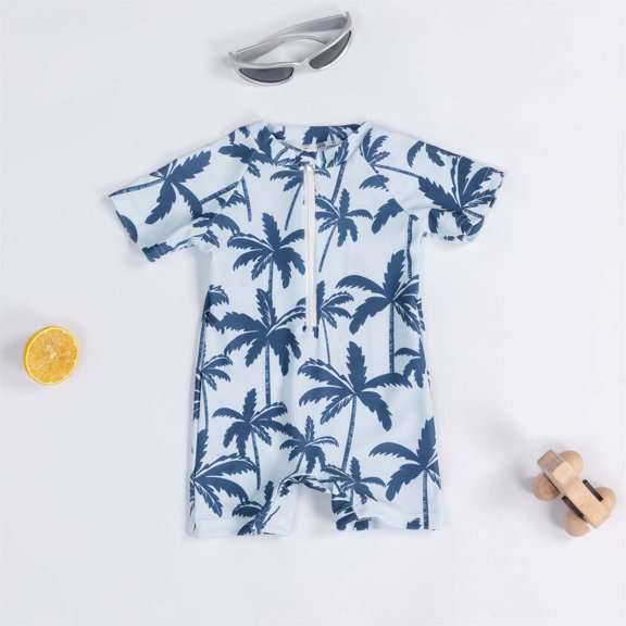 Rggeeun Toddler Boys Swimsuit Set 1Pc Coconut Tree Pattern Short Sleeve Crew Neck Front Zipper Elastic Above Knee for Summer Water Sports Versatile Swim Wear,Blue,2-3 Years