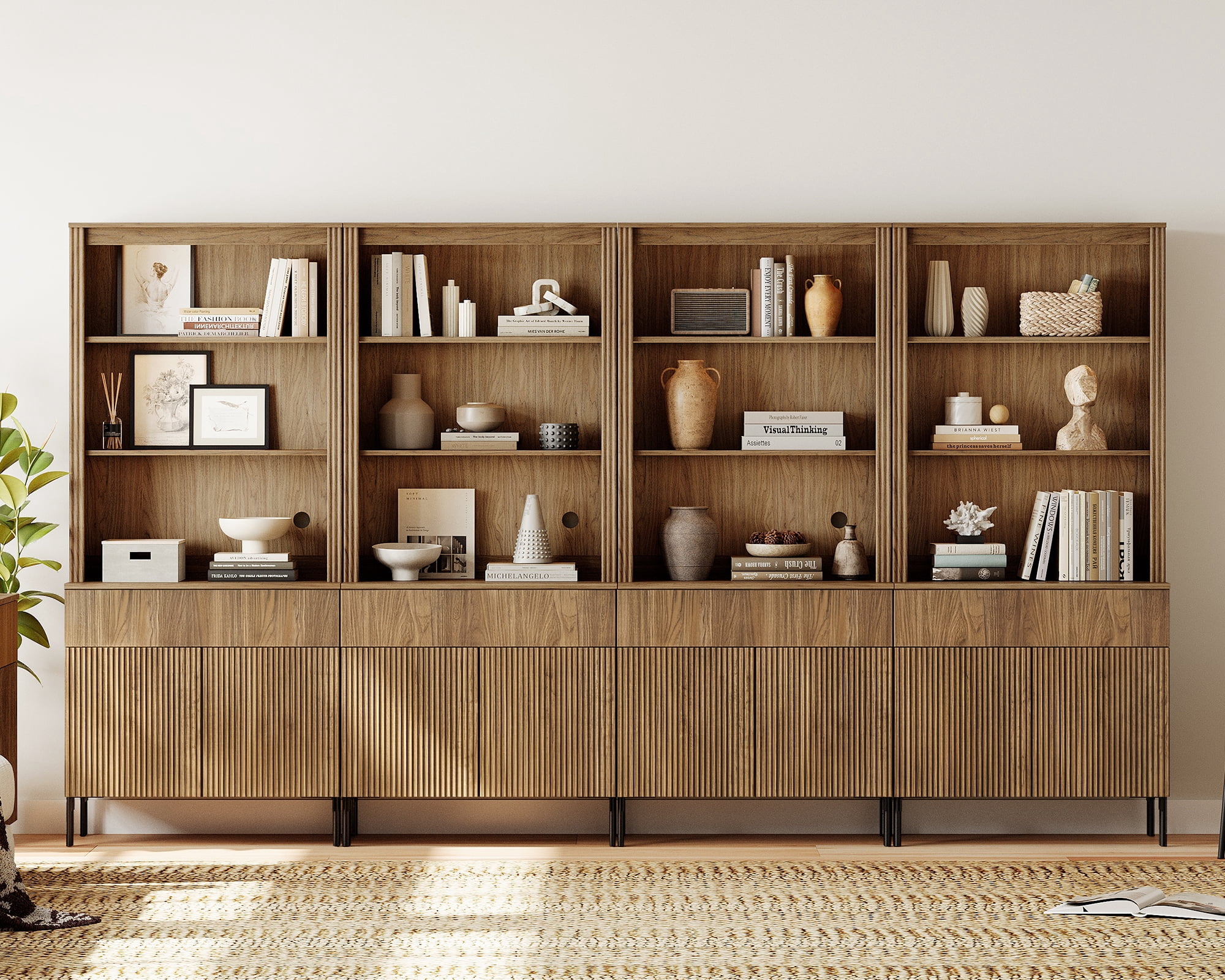 71.6"H X 126"W Set Of 4 Bookcase with Storage Cabinets, 20 Tier Bookshelf with Fluted Doors and Drawers, Large Modern Display Cabinet For Living Room Bedroom Home Office Kitchen