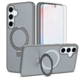 thumbnail image 1 of Asuwish Phone Case for Samsung Galaxy S24 FE 5G Tempered Glass Screen Protector Magnetic Folding Stand Frosted Translucent Rugged Shockproof Protective Cell Cover S 24 EF AI S24FE 24S Women Men Gray, 1 of 7